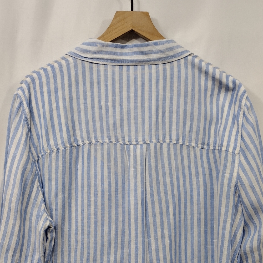 H&M 100% Linen Stripped Button Shirt Women's L Blue White Office Casual Retro - Picture 6 of 9